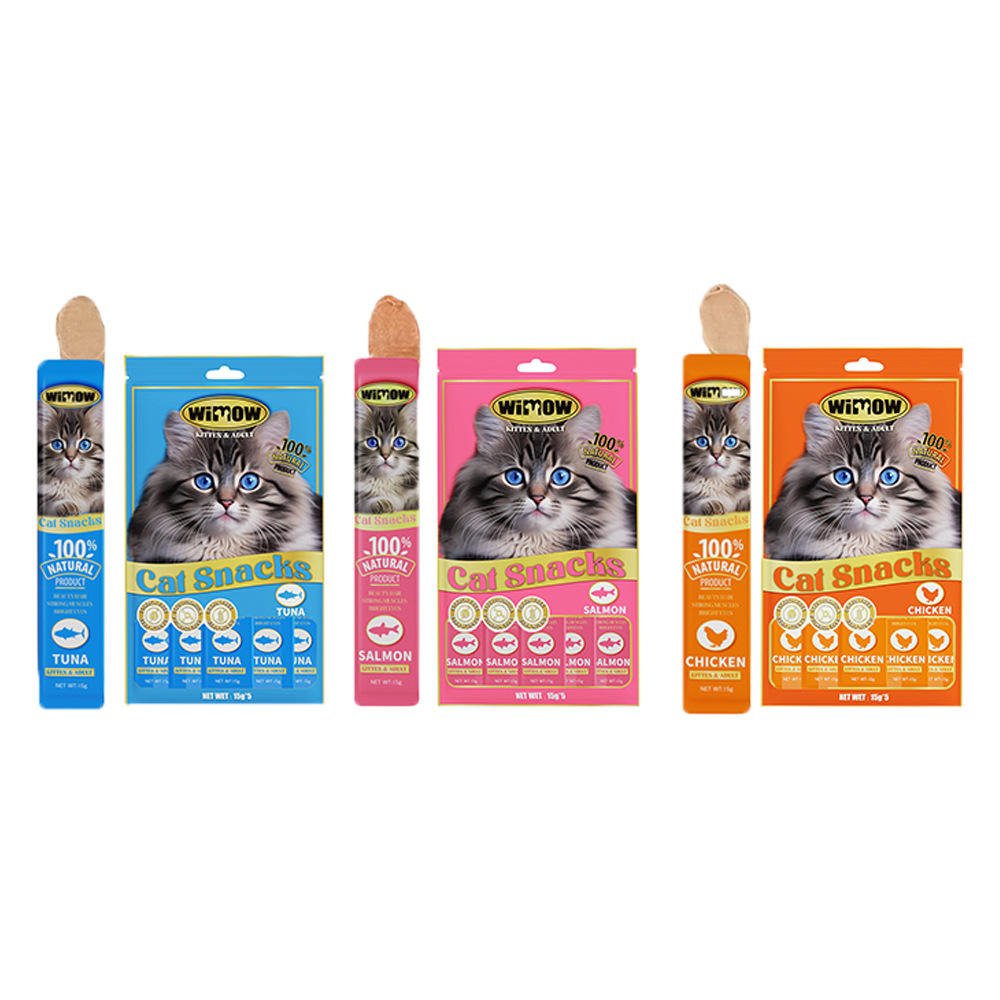 Wimow creamy cat treat sticks in tuna, salmon and chicken flavour bags