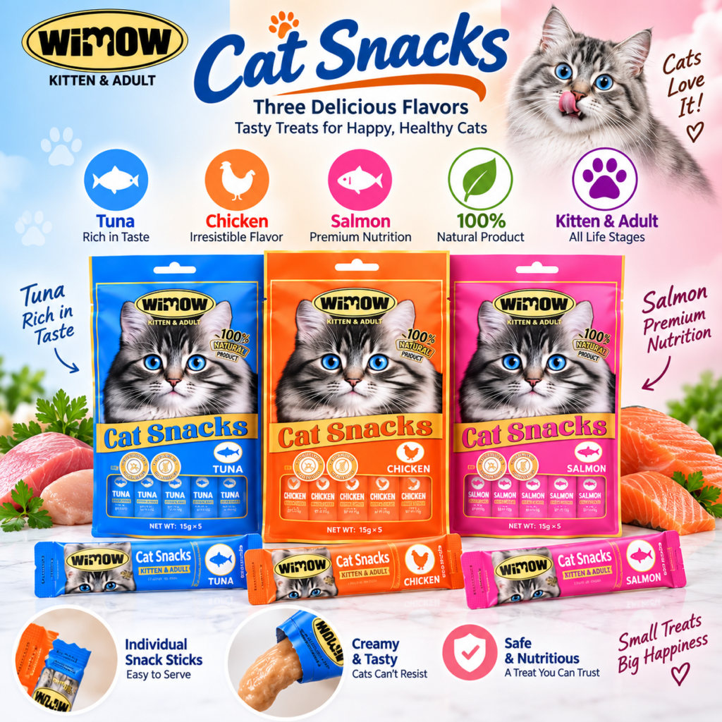 Wimow creamy cat treat variety pack with tuna, chicken and salmon bags and individual sticks