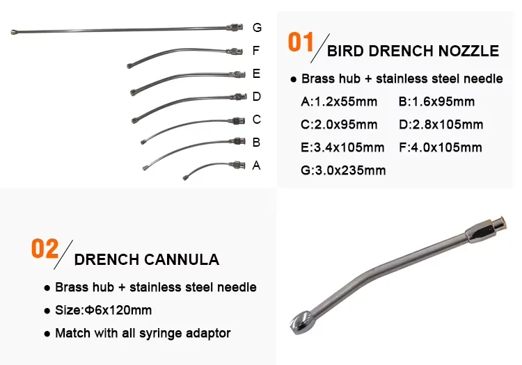 Bird feeding attachments with curved metal tubes and size comparison diagram