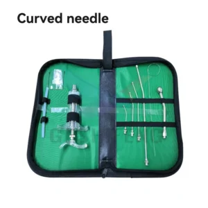 Bird hand-feeding syringe and metal feeding attachments in an open green-lined carrying case