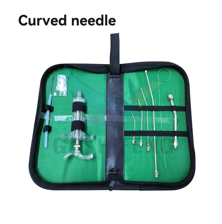 Bird hand-feeding syringe and metal feeding attachments in an open green-lined carrying case