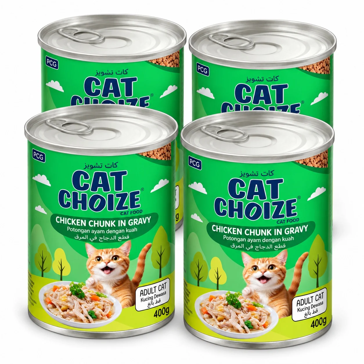 Four 400 g Cat Choize Chicken Chunks in Gravy cans for adult cats