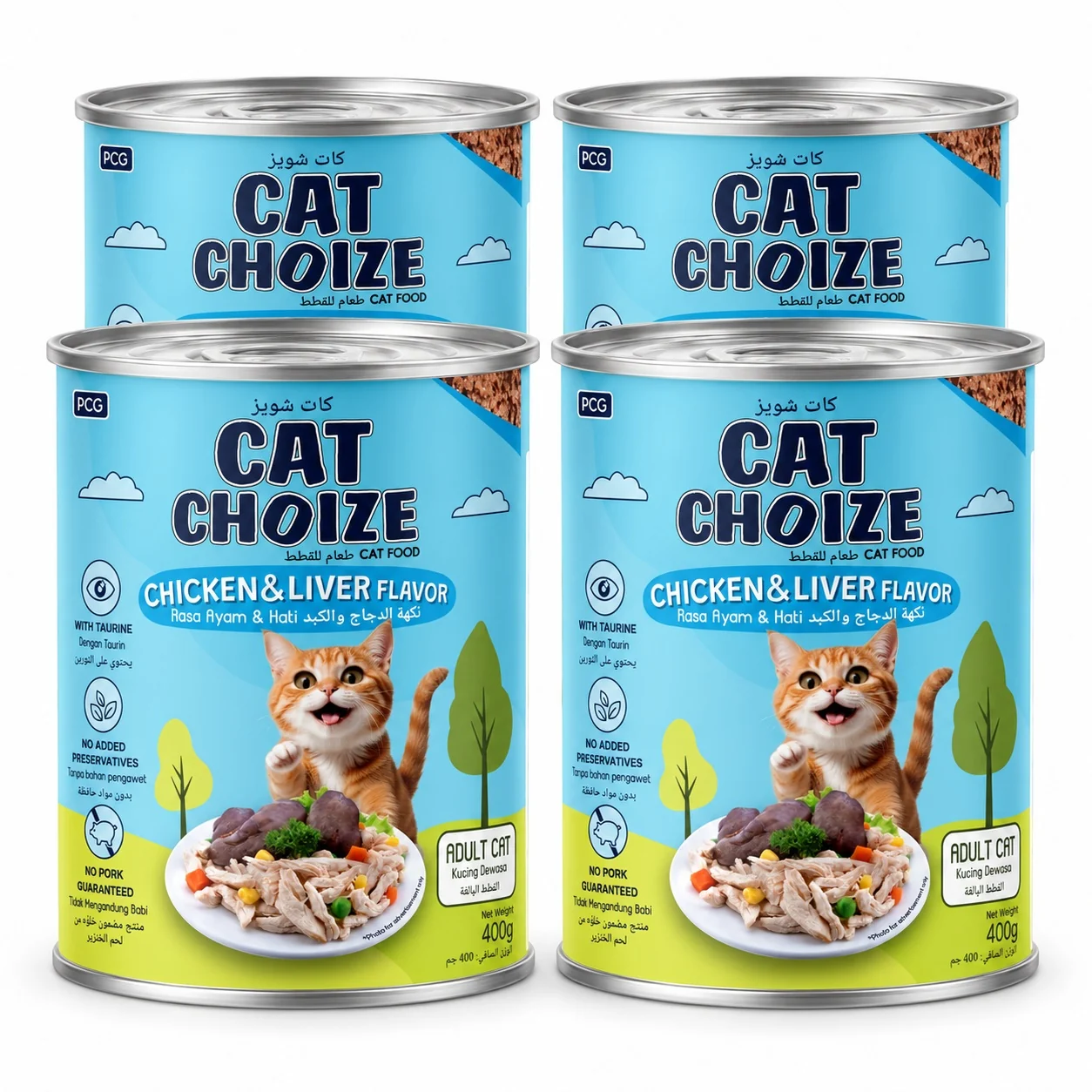 Four 400 g Cat Choize Chicken and Liver cans for adult cats