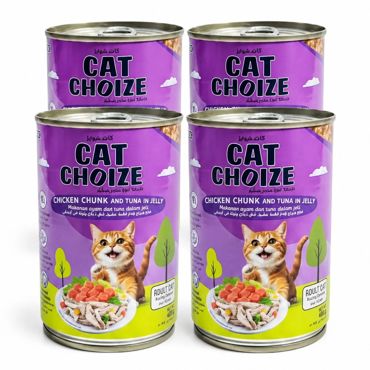 Four 400 g Cat Choize Chicken and Tuna in Jelly cans for adult cats