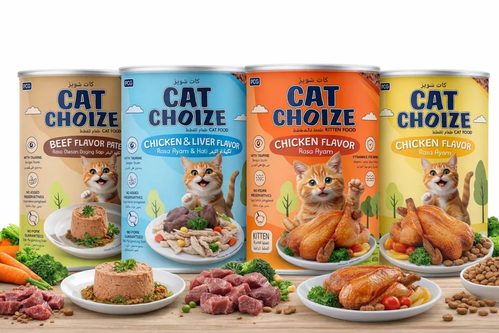 Cat Choize cat food range showing beef pâté, chicken and liver, kitten chicken and adult chicken cans