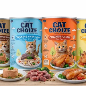 Cat Choize cat food range showing beef pâté, chicken and liver, kitten chicken and adult chicken cans
