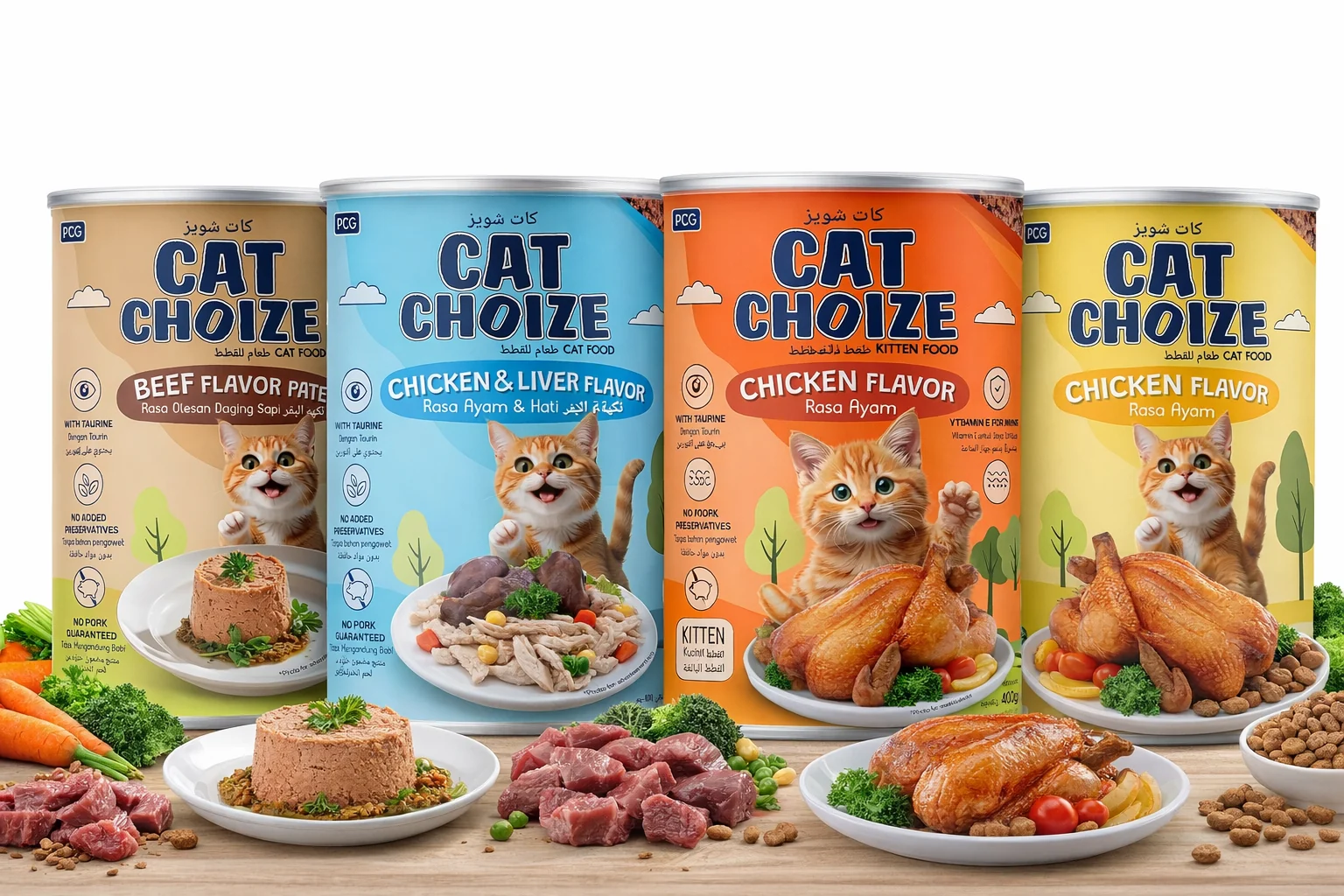 Cat Choize cat food range showing beef pâté, chicken and liver, kitten chicken and adult chicken cans