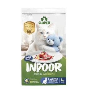 Clover Indoor Triple Fishes grain-free dry cat food 1 kg bag on white