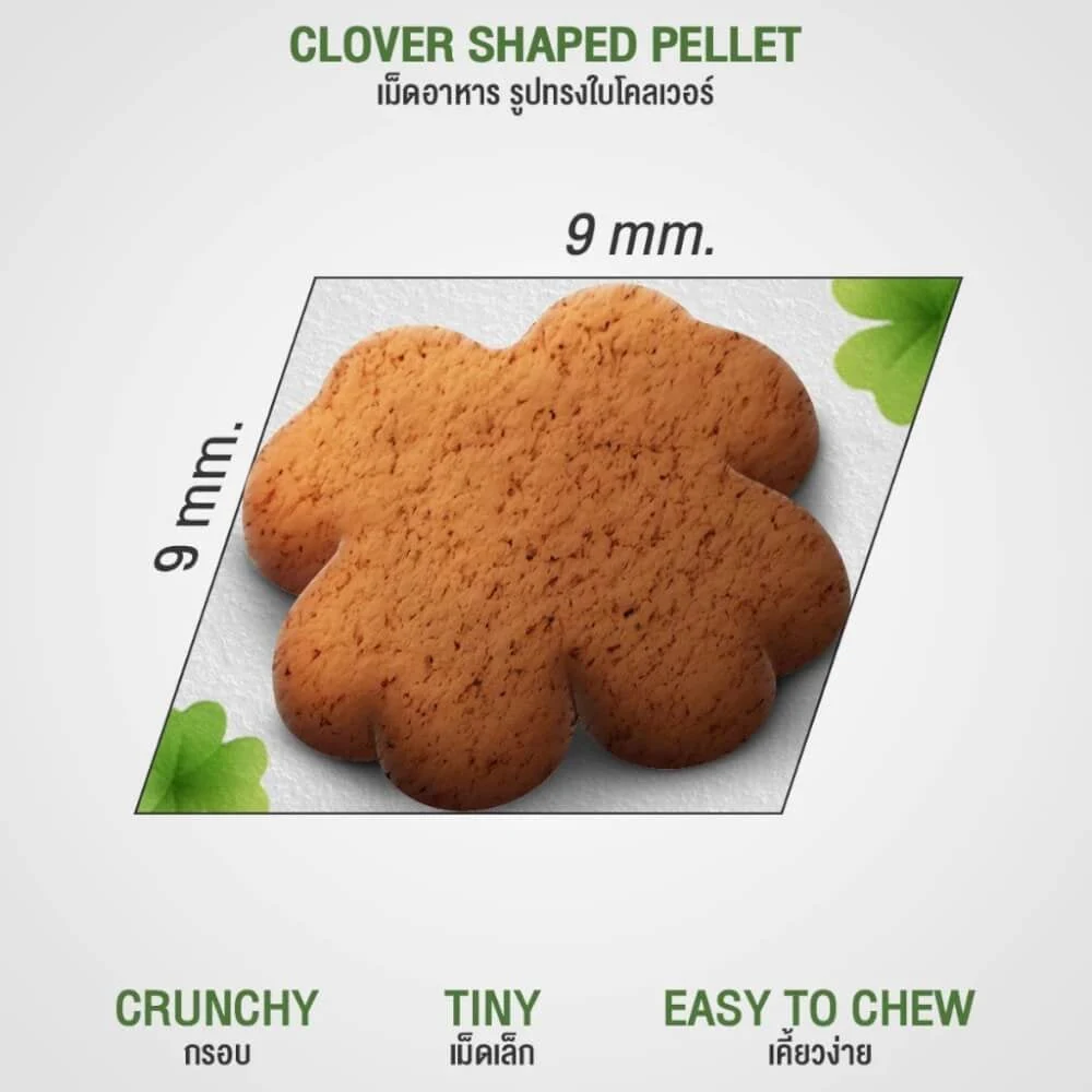 Clover Picky Eater clover-shaped dry cat food kibble shown as 9 by 9 mm
