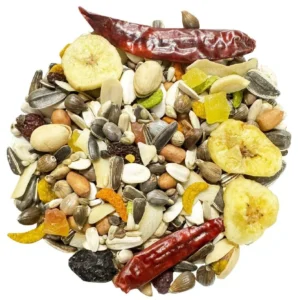 Farmland LA Festiva parrot food grain, seed and dried fruit mixture on white