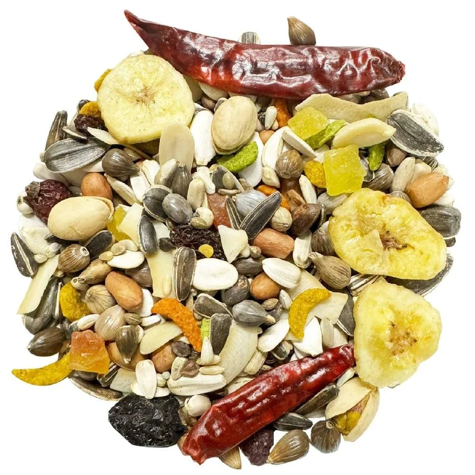Farmland LA Festiva parrot food grain, seed and dried fruit mixture on white