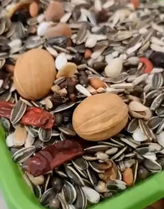Close-up of Farmland macaw food with sunflower seeds, walnuts, nuts and red pepper