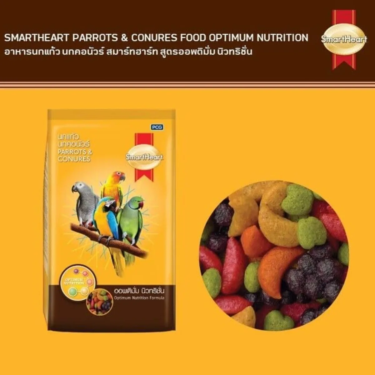 SmartHeart Parrots & Conures food guaranteed analysis: 20% protein, 10% fat, 3% fibre, 10% moisture