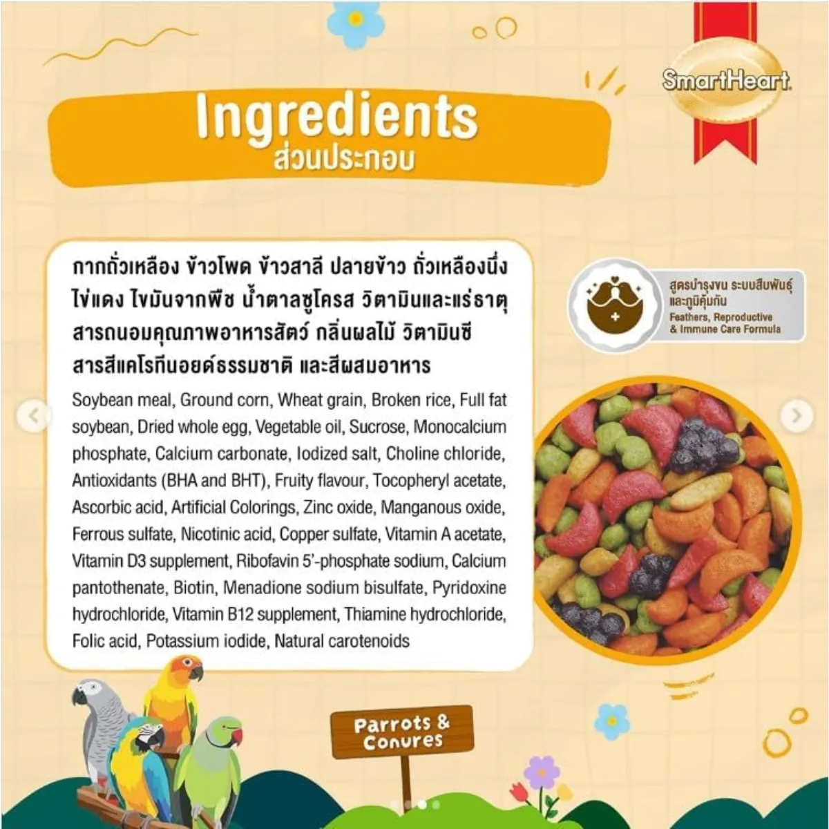 SmartHeart Parrots & Conures food ingredients list from the package