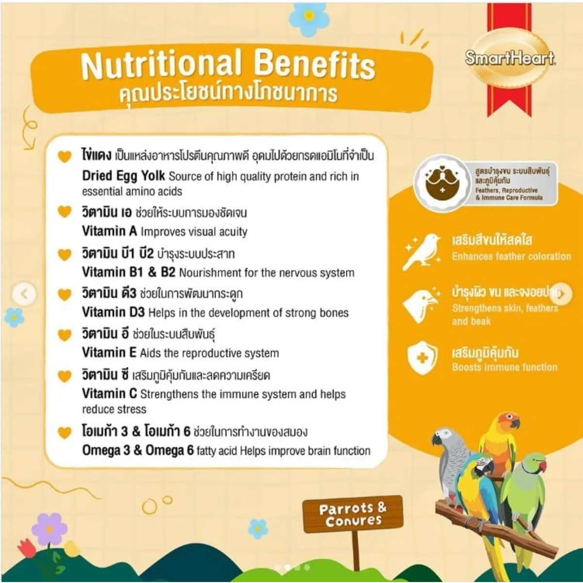 SmartHeart Parrots & Conures food nutritional benefits: dried egg yolk, vitamins A, B1, B2, D3, E, C and Omega 3 & 6